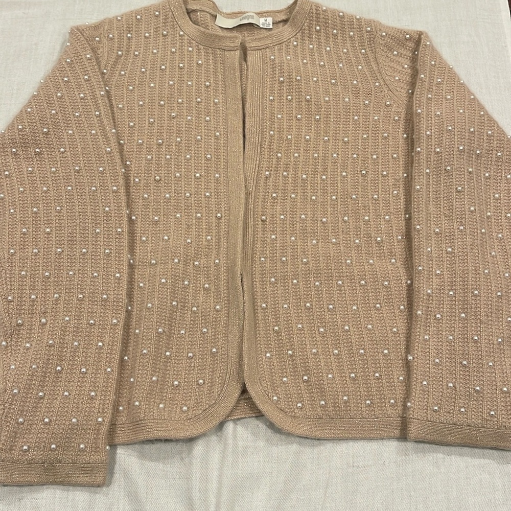 B1722 Vintage I.Magnin 85% Cashmere button  clips Embelished Pearl Sweater SZ M